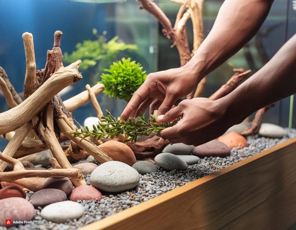 A pair of hands placing decorations in the fish tank