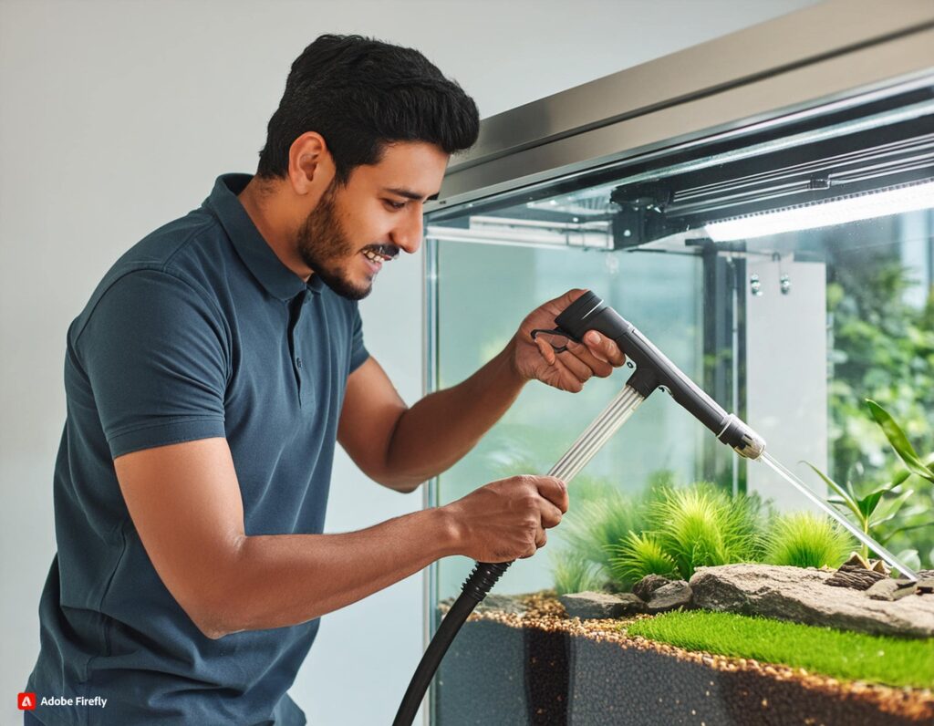 A person performing regular maintenance on the aquarium.